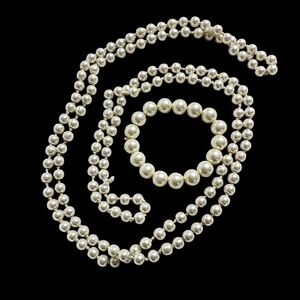 VTG 50'S HIGH LUSTER PEARL GLASS BEAD NECKLACE FLAPPER 60” AND STRETCH BRACELET